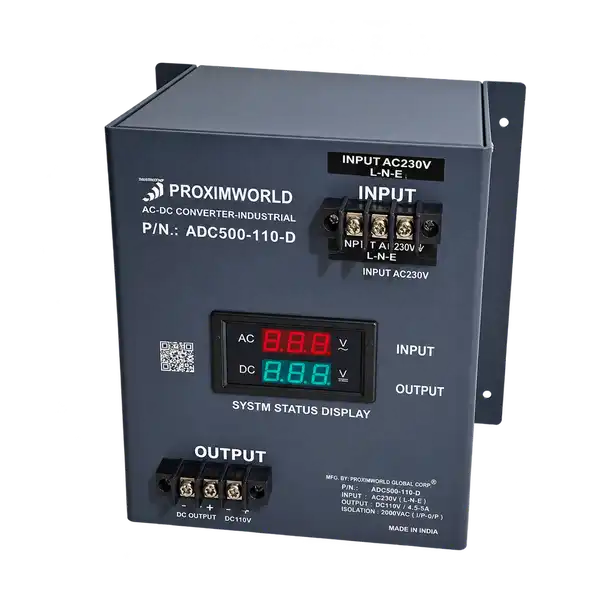 ProximWorld industrial AC to DC converter showing 250V AC input and 110V DC output on dual LED display.