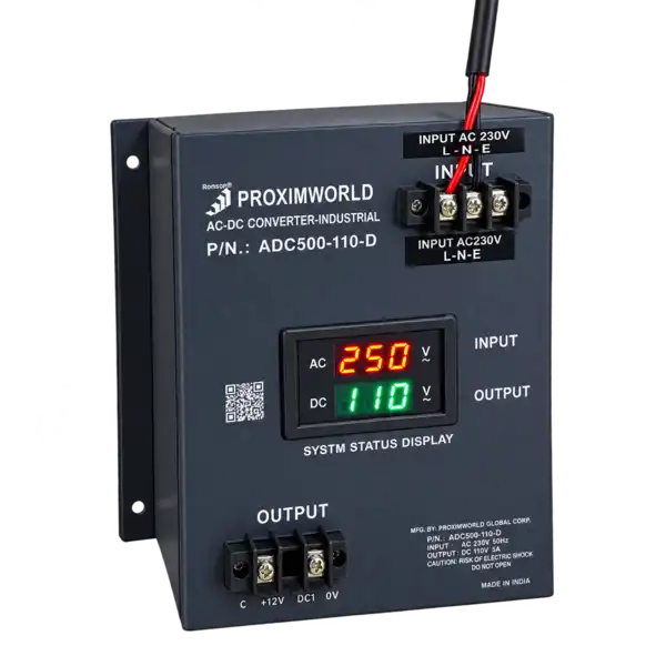 ProximWorld AC to DC converter 230V input to 110V DC output with dual LED voltage display and terminal connections.