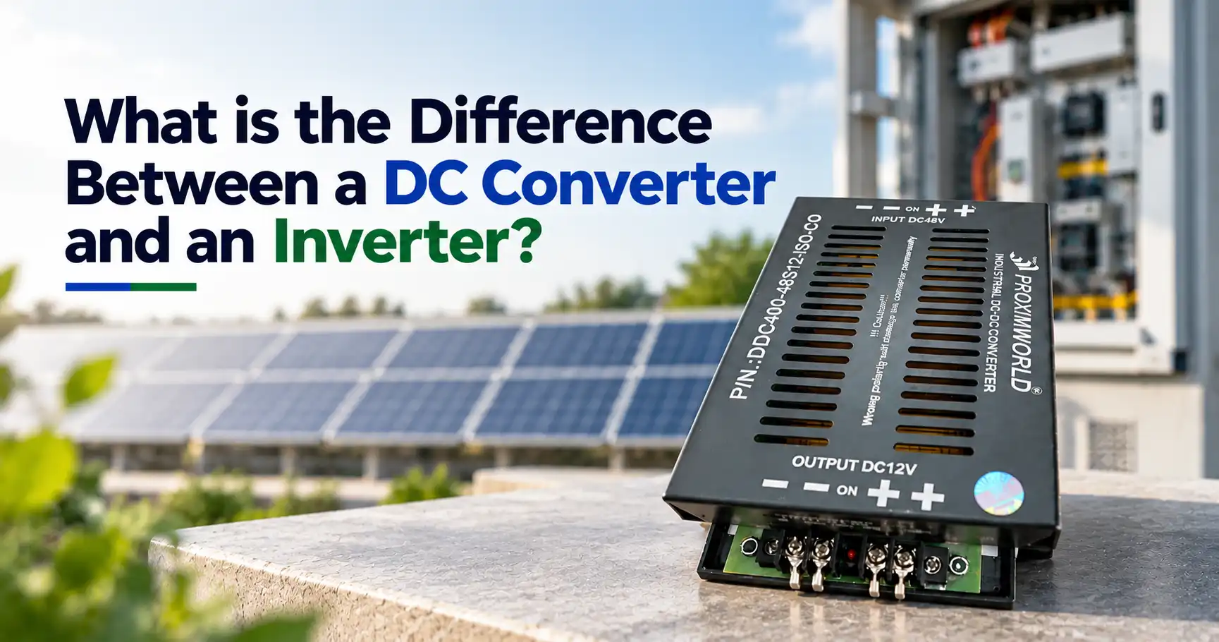 Diagram comparing a DC-DC converter that changes DC voltage with an inverter that converts DC to AC power